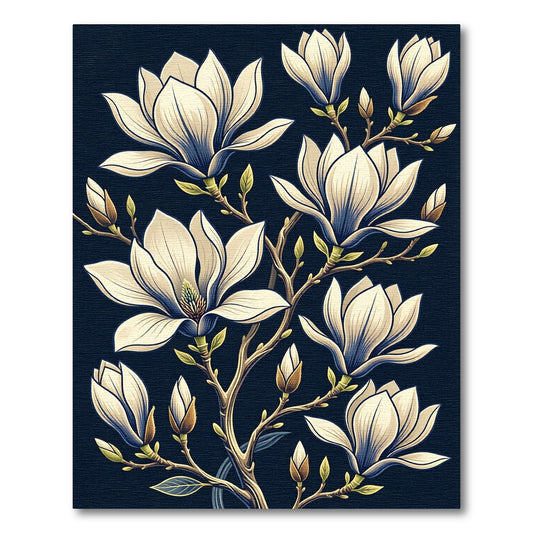 Elegant Cream Magnolia Blossom Navy Background Rug