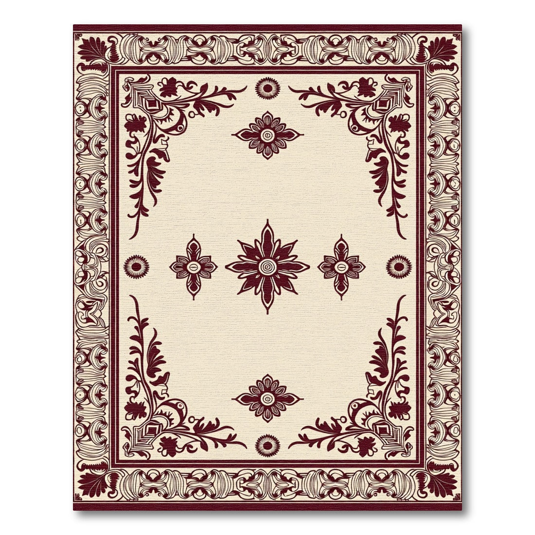 Cream Burgundy Floral Medallion Border Rug
