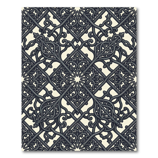 Ornate Black Interlocking Scrollwork Rug