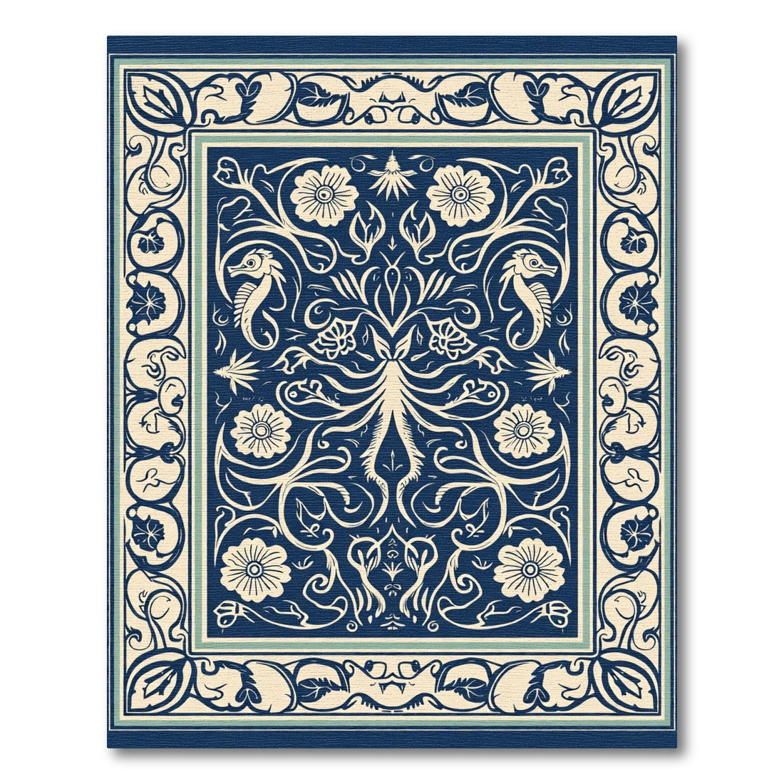 Navy Cream Floral Seahorse Garden Rug