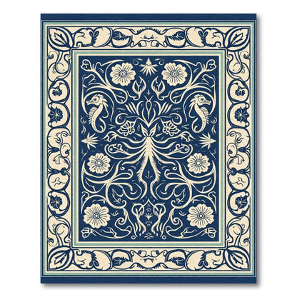 Navy Cream Floral Seahorse Garden Rug