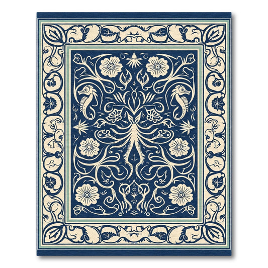 Navy Cream Floral Seahorse Garden Rug