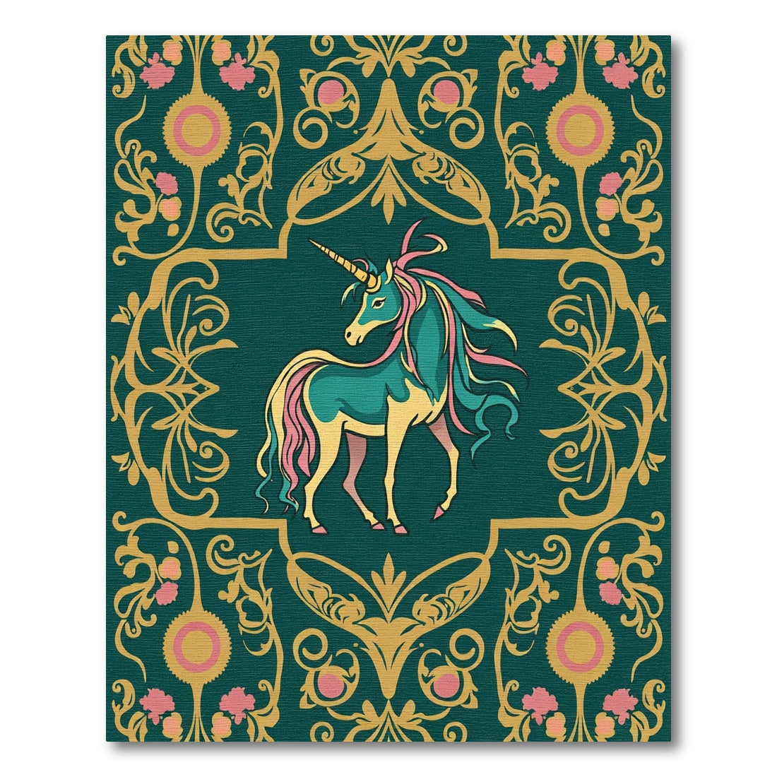 Whimsical Teal Unicorn Floral Border Rug
