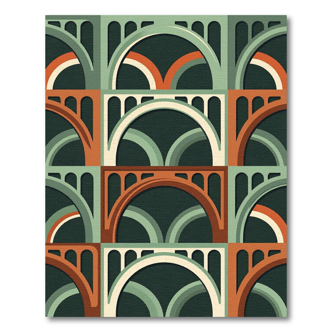 Mid-Century Modern Arched Terracotta Teal Grid Rug
