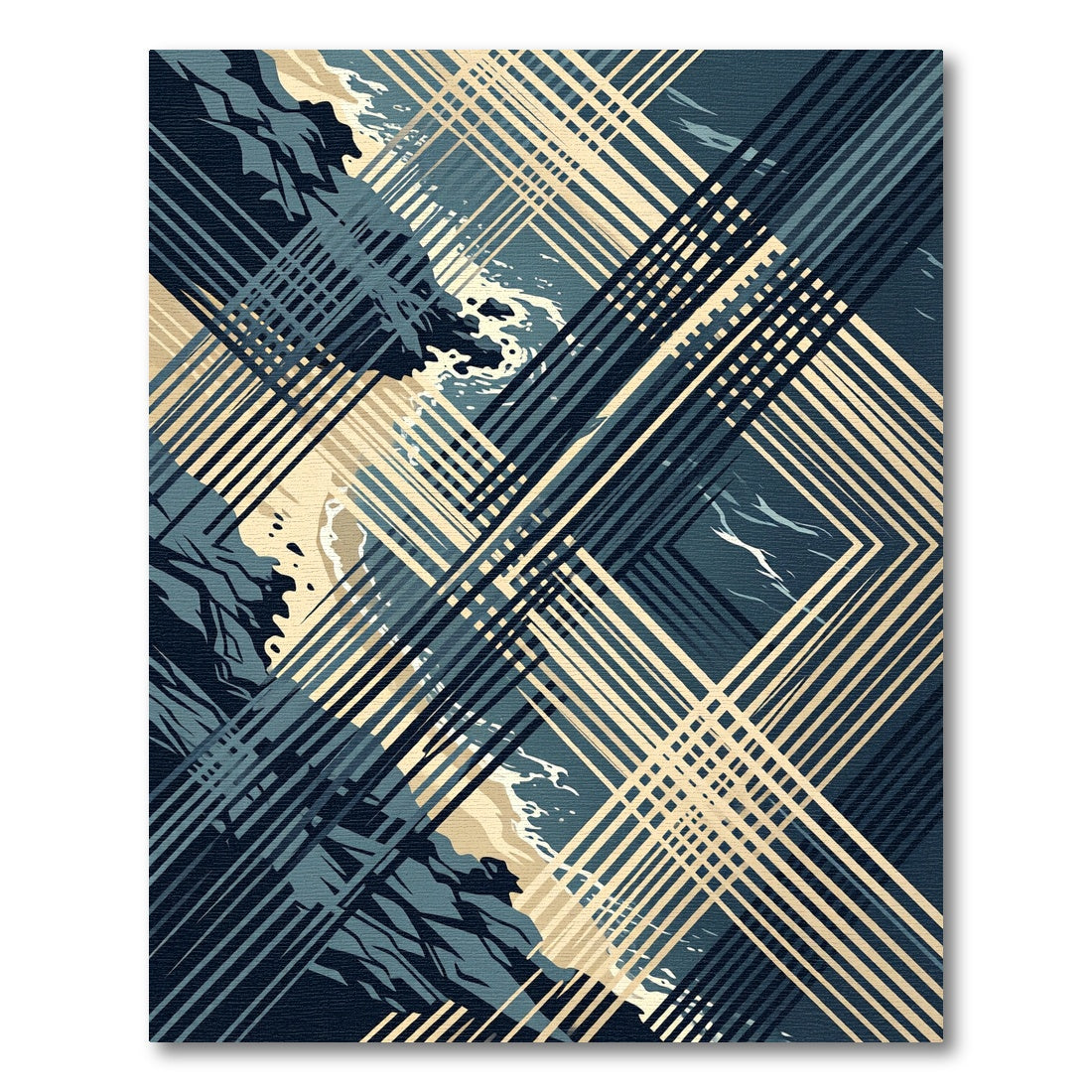 Abstract Navy and Cream Geometric Grid Rug