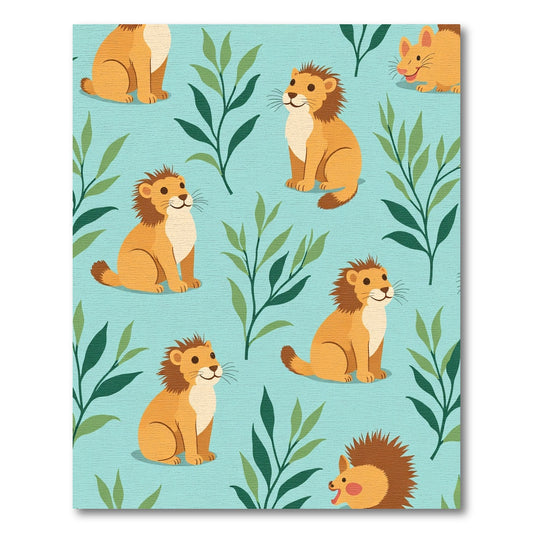Playful Lion Foliage Seamless Repeating Pattern Rug