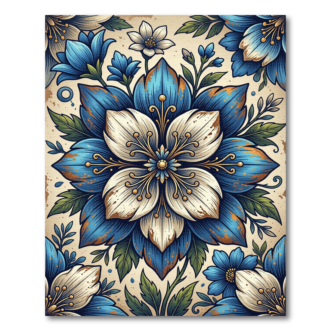 Blue White Antique Botanical Bloom Rug