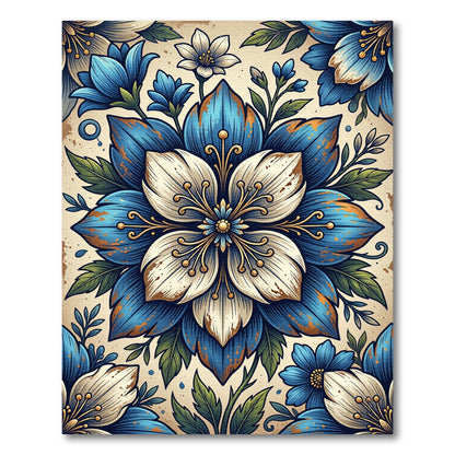 Blue White Antique Botanical Bloom Rug