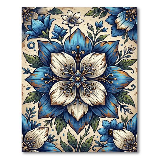 Blue White Antique Botanical Bloom Rug