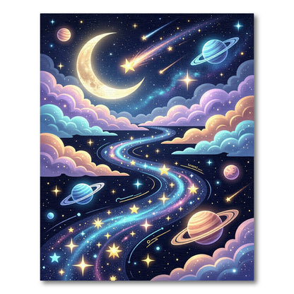 Dreamy Crescent Moon Planets Shooting Stars Rug