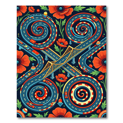 Vibrant Poppy Flower Spiraling Roadscape Rug