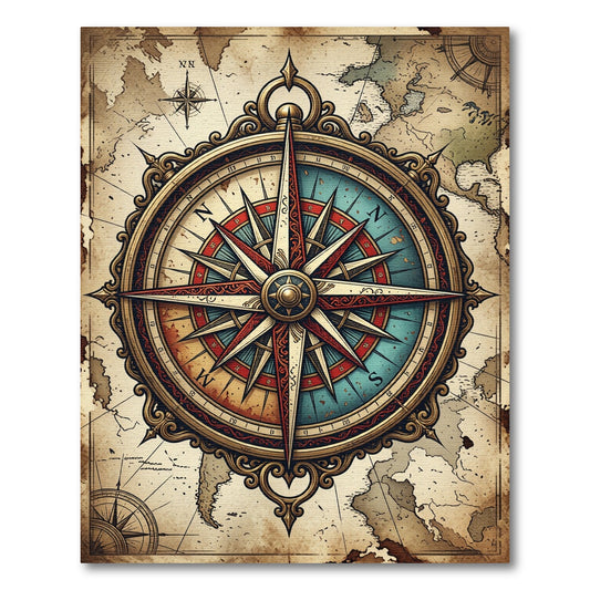 Antique Golden Compass Nautical Map Rug