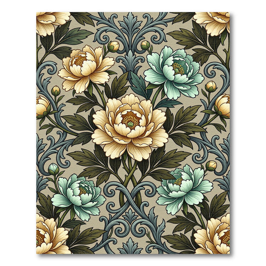 Elegant Beige and Sage Peony Scroll Rug