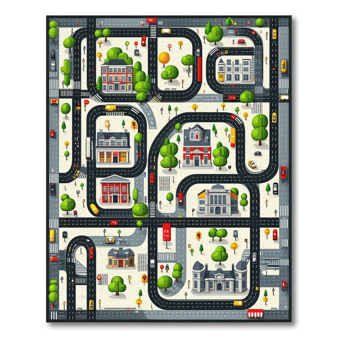 Whimsical City Roads Buildings Trees Rug