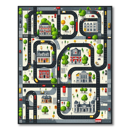 Whimsical City Roads Buildings Trees Rug