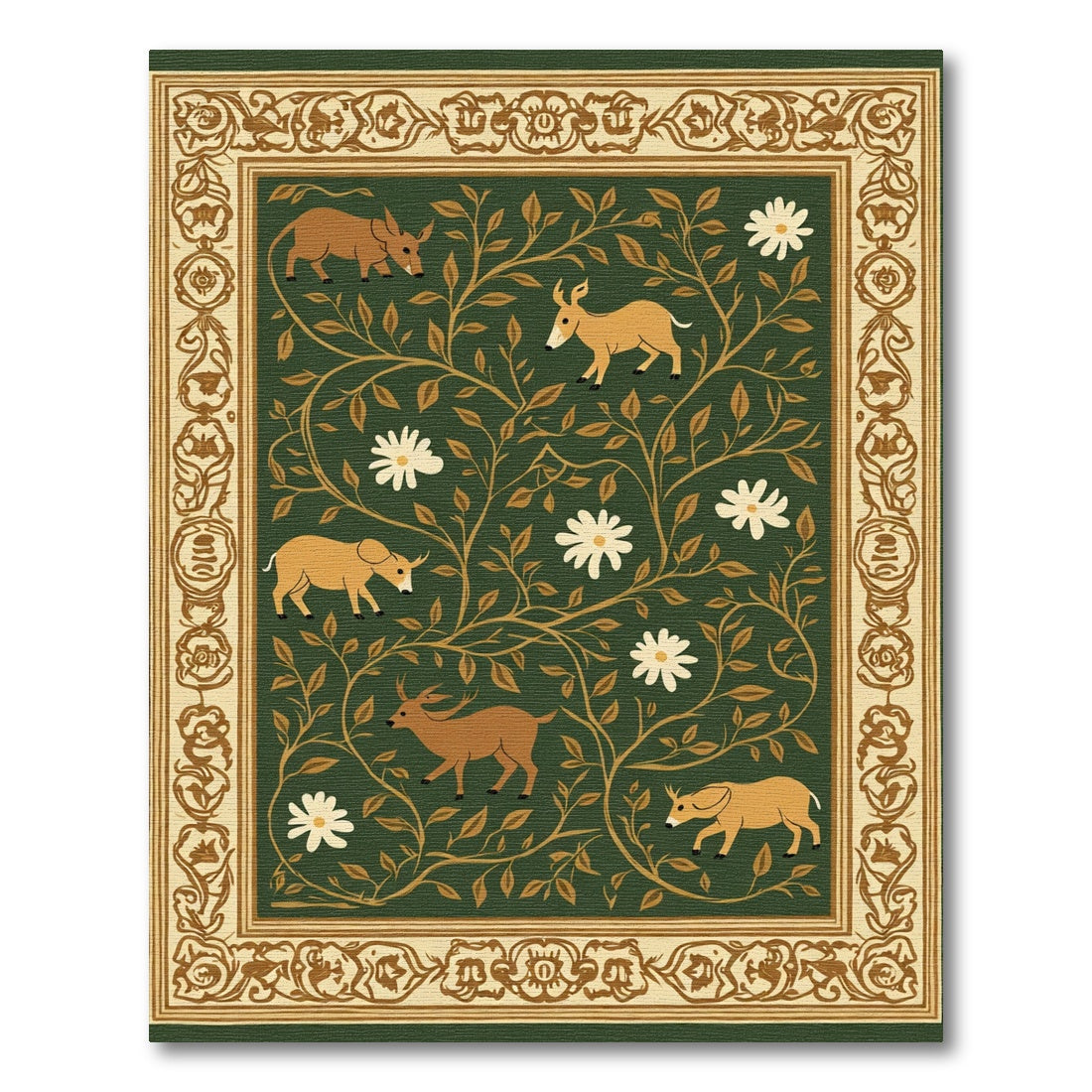 Golden Deer Floral Vine Border Rug