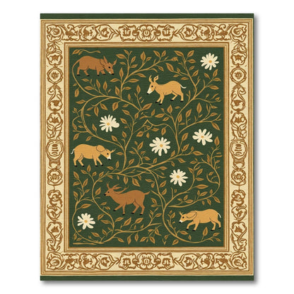 Golden Deer Floral Vine Border Rug
