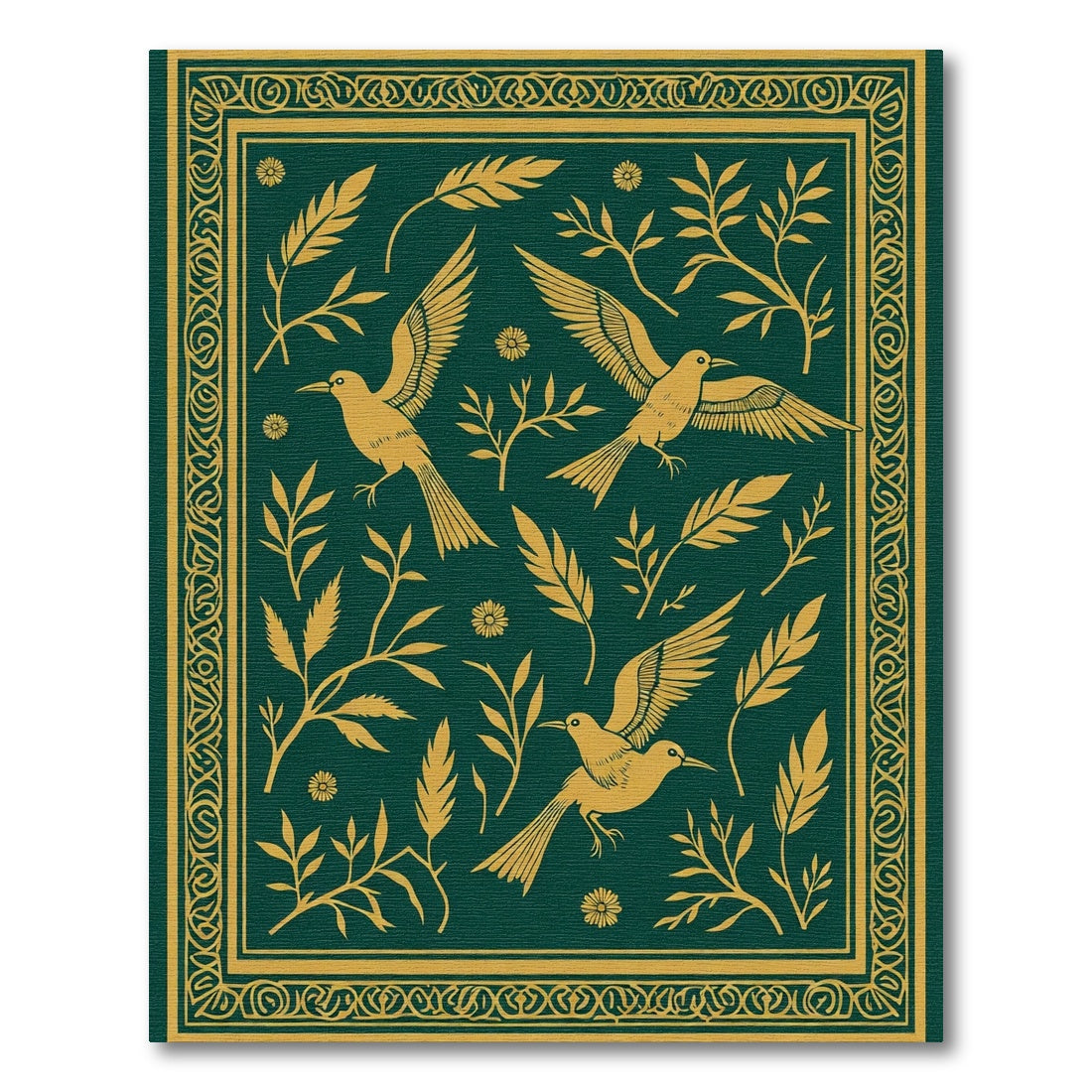 Emerald Gold Flying Bird Floral Border Rug