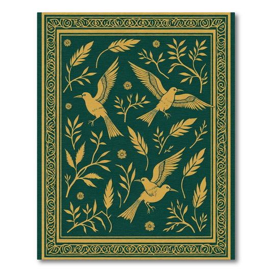 Emerald Gold Flying Bird Floral Border Rug