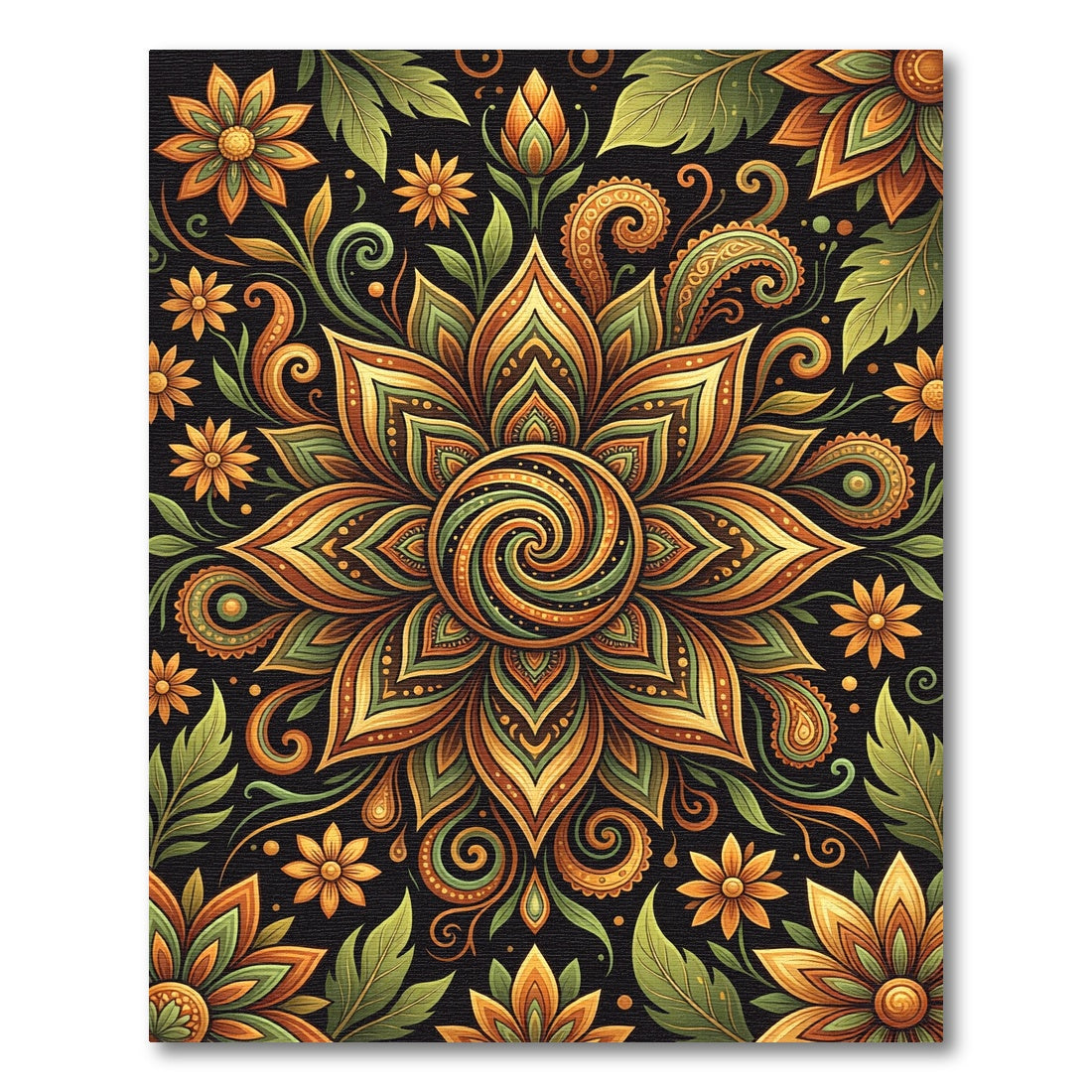 Golden Foliage Swirl Floral Mandala Rug