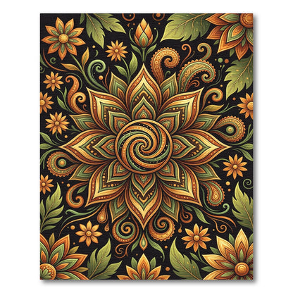 Golden Foliage Swirl Floral Mandala Rug