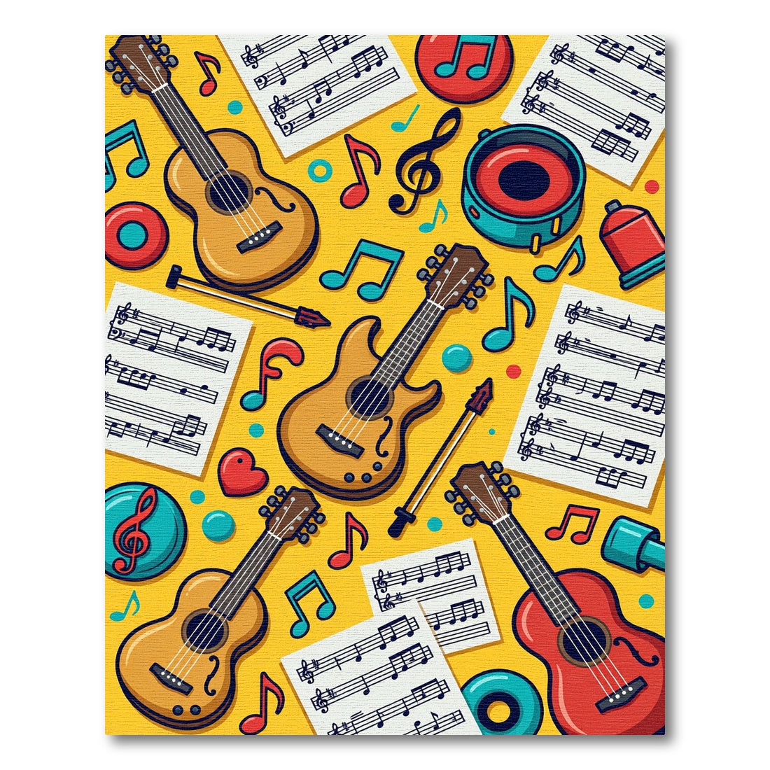 Vibrant Yellow Guitars Music Notes Rug