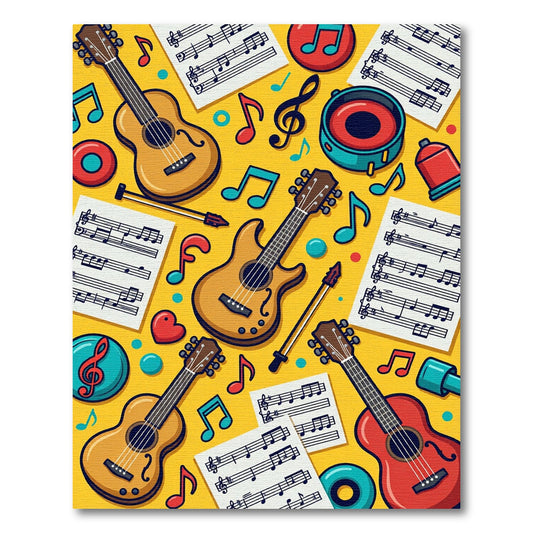 Vibrant Yellow Guitars Music Notes Rug