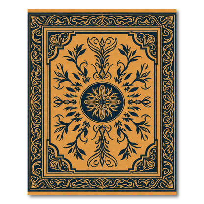 Navy Golden Floral Symmetrical Medallion Rug