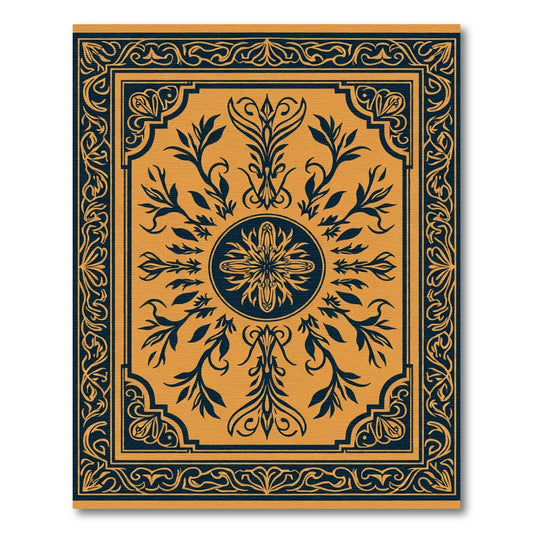 Navy Golden Floral Symmetrical Medallion Rug