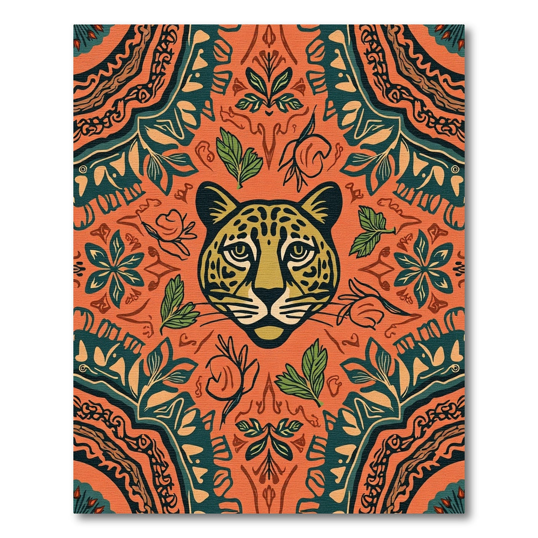 Vibrant Orange Jaguar Floral Collage Rug