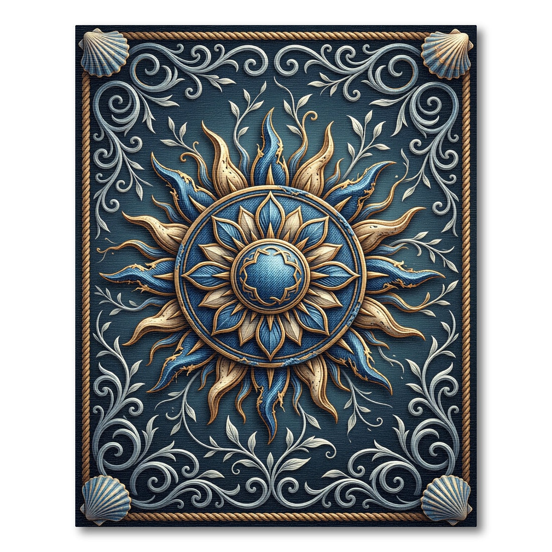 Ornate Blue and Gold Celestial Sun Rug