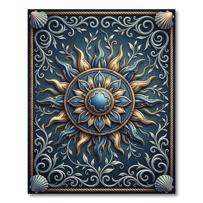 Ornate Blue and Gold Celestial Sun Rug