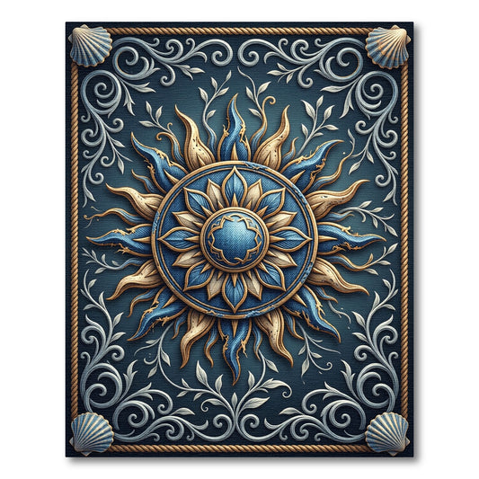 Ornate Blue and Gold Celestial Sun Rug