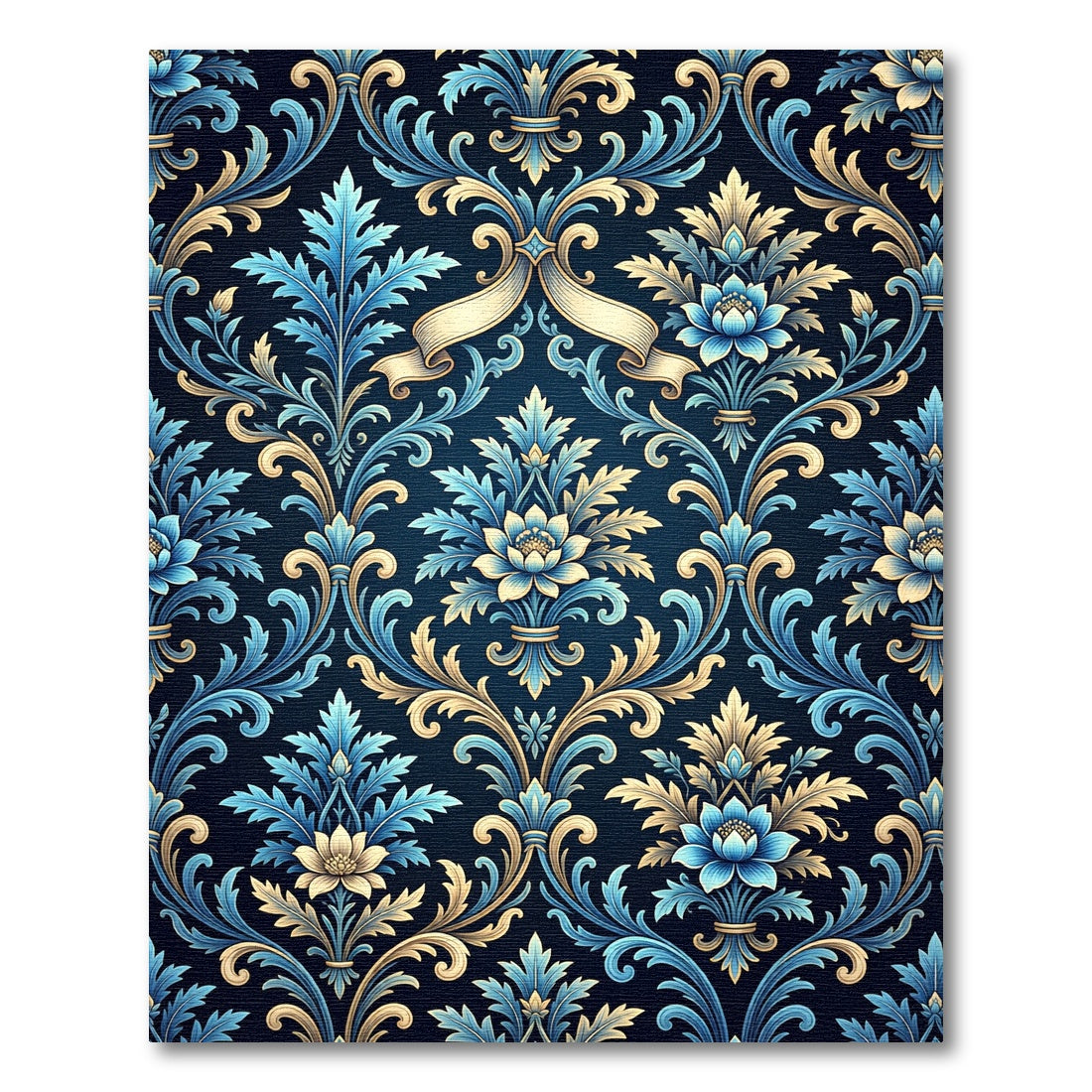 Ornate Blue and Gold Floral Damask Rug
