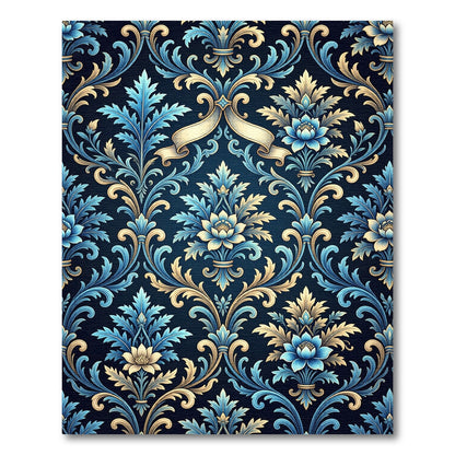 Ornate Blue and Gold Floral Damask Rug