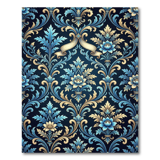 Ornate Blue and Gold Floral Damask Rug