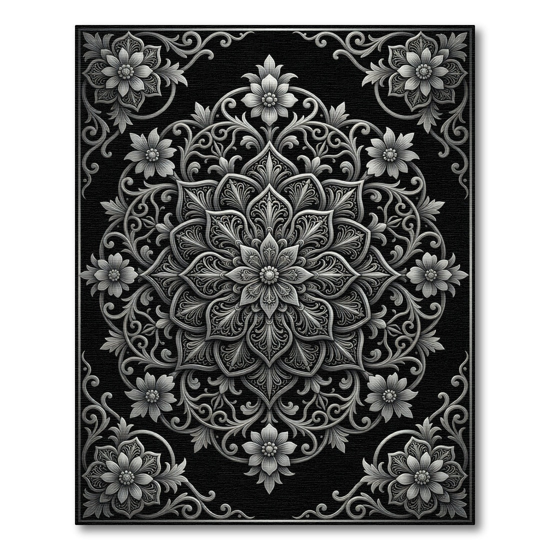 Monochrome Filigree Floral Medallion Rug