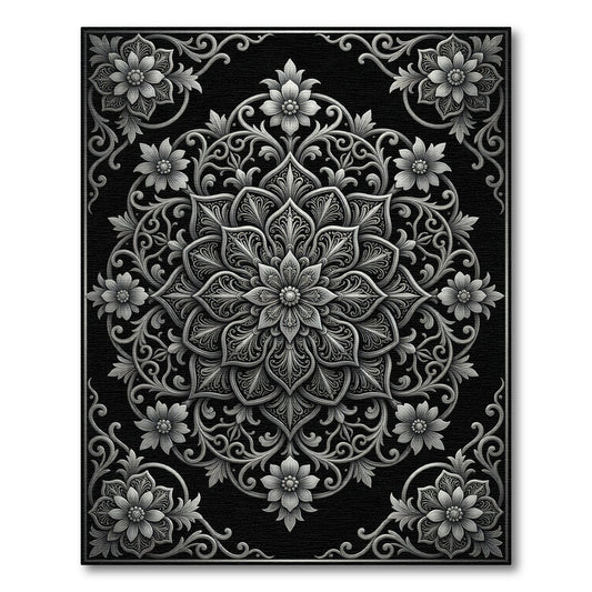 Monochrome Filigree Floral Medallion Rug