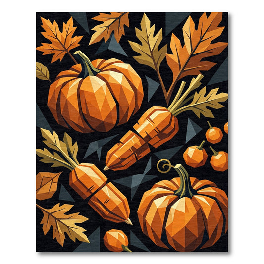 Geometric Autumn Pumpkin and Leaf Art Rug