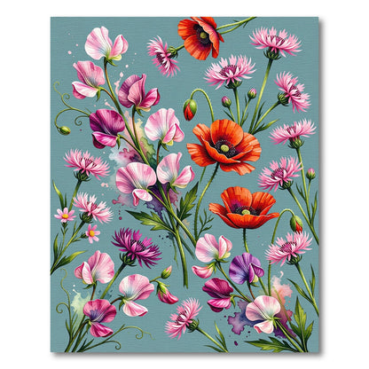 Watercolor Poppy and Sweet Pea Meadow Rug