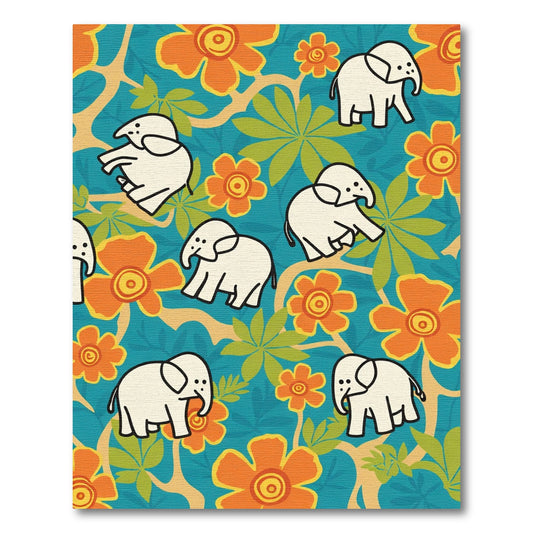 Playful White Elephants Tropical Floral Rug