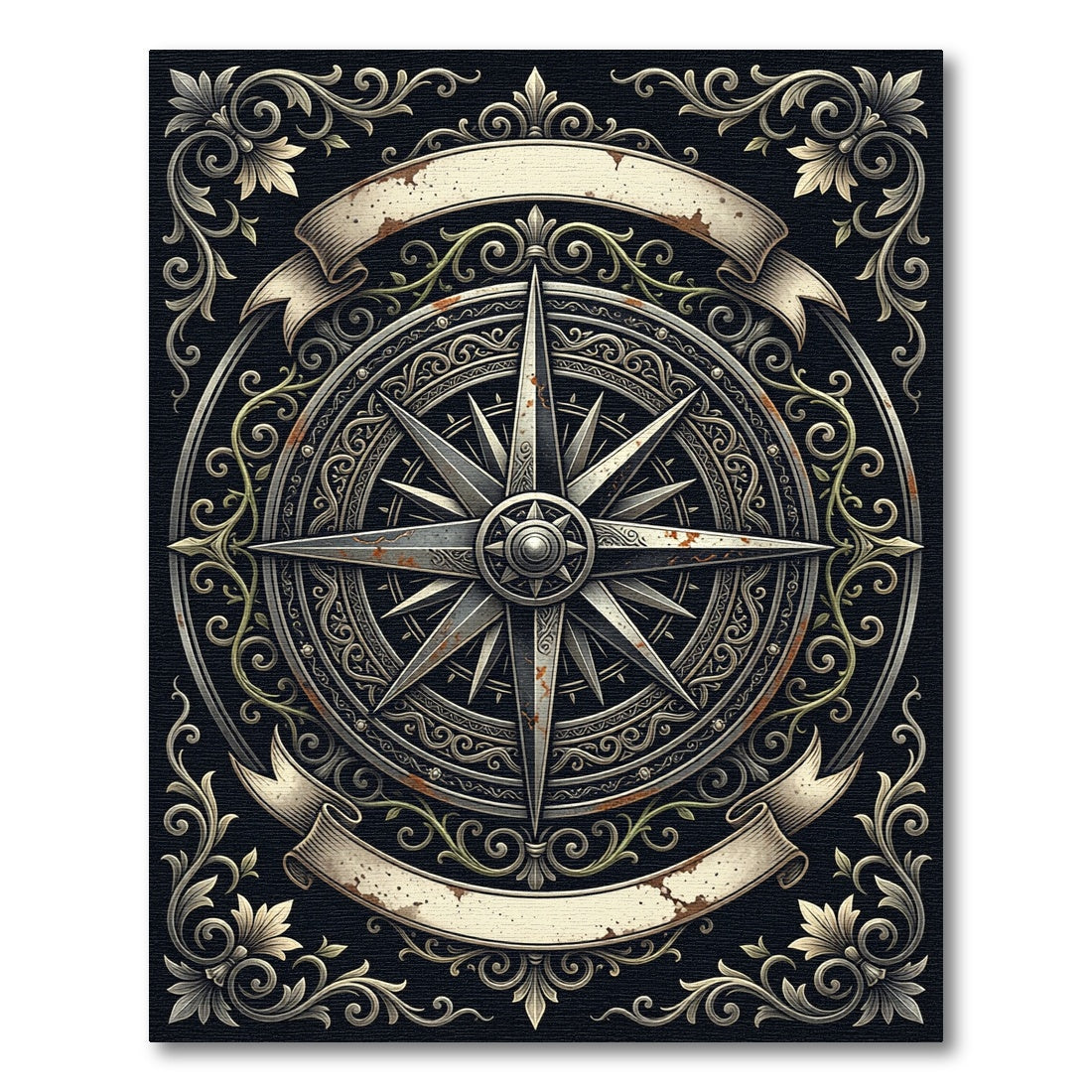 Antique Ornate Compass Rose Scroll Rug