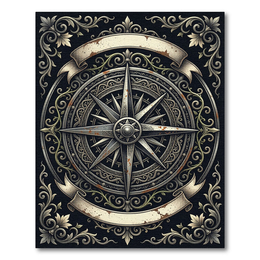 Antique Ornate Compass Rose Scroll Rug
