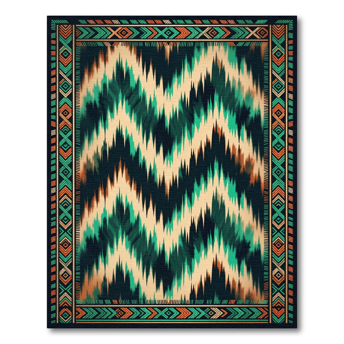 Teal and Ochre Ikat Chevron Area Rug