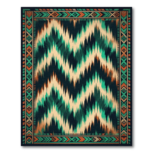 Teal and Ochre Ikat Chevron Area Rug