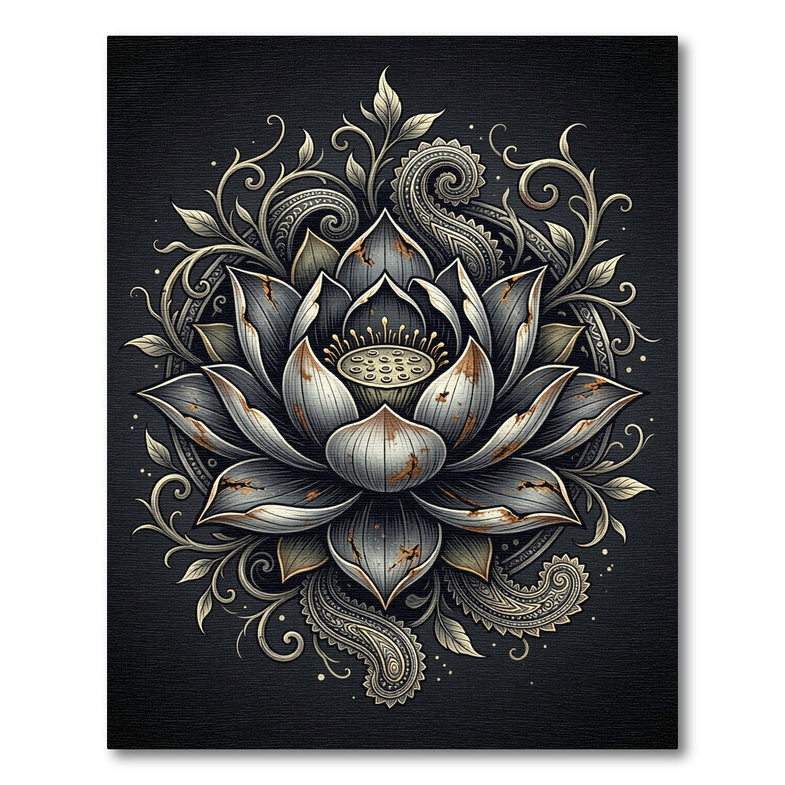 Distressed Metallic Grey Lotus Floral Art Rug