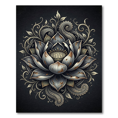 Distressed Metallic Grey Lotus Floral Art Rug