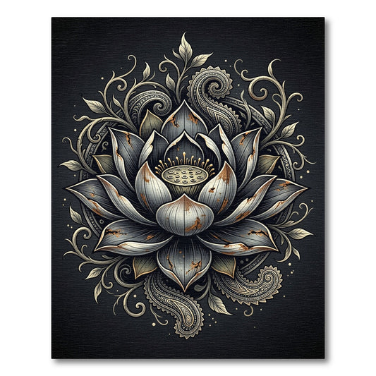 Distressed Metallic Grey Lotus Floral Art Rug