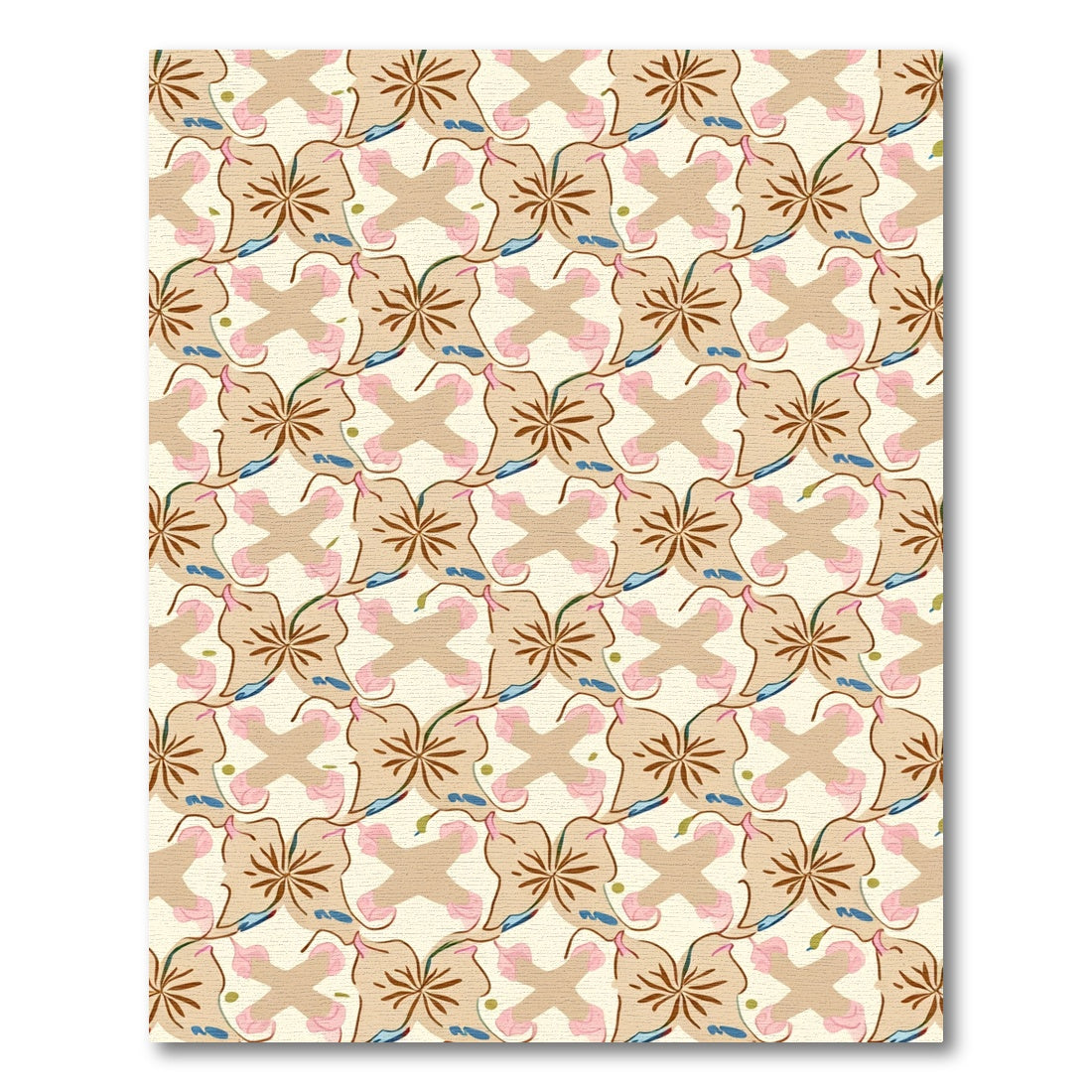 Ecru Tan Pink Floral Butterfly Mosaic Rug