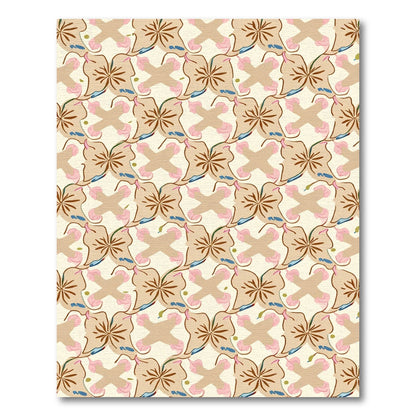 Ecru Tan Pink Floral Butterfly Mosaic Rug